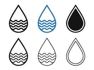 Water drop icons with wavy lines and solid fill liquid fluid