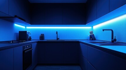Dark, modern kitchen bathed in cool blue light