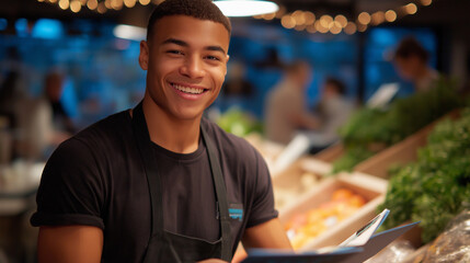 Staff member helping with recipe in produce section