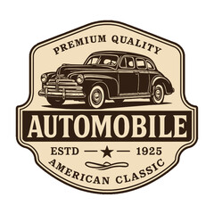 This logo showcases a classic American automobile, ideal for vintage car enthusiasts and automotive businesses. Modern flat vector sticker label with icon and badge style, transparent background