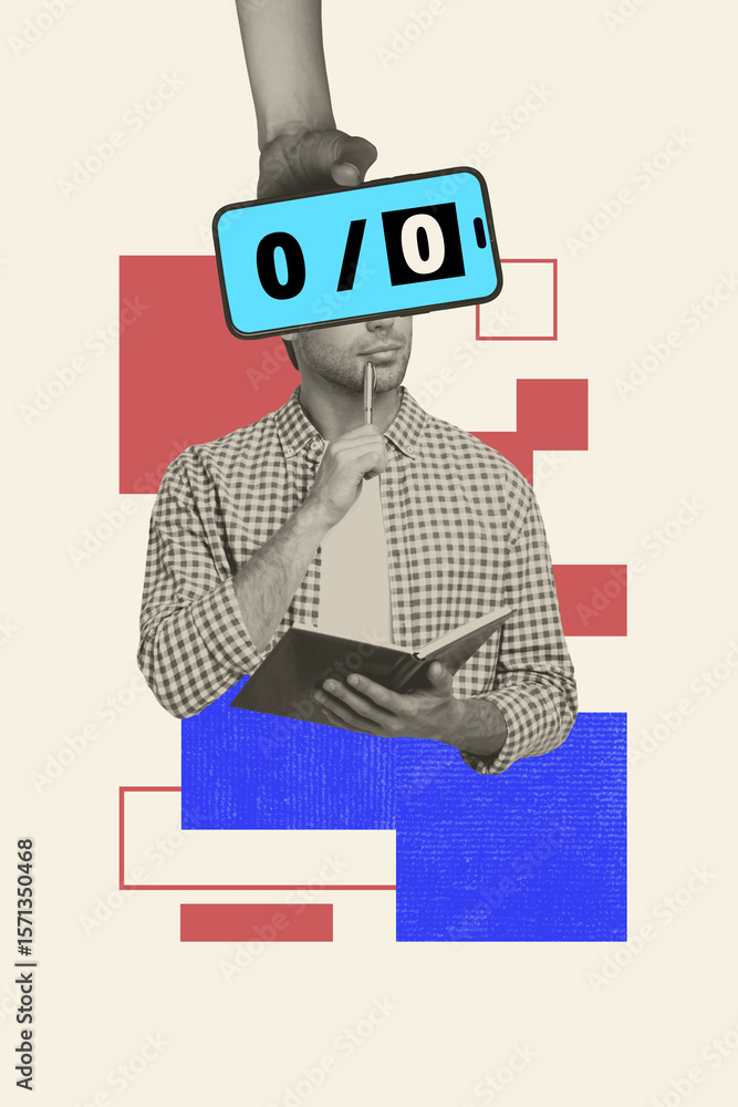 Aufkleber sketch template design 3d collage of young man think write notebook hand hold samrtphone display pro