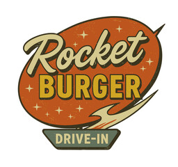Vintage Rocket Burger sign, a classic retro design for drive-in restaurants. Modern flat vector sticker label with icon and badge style, transparent background