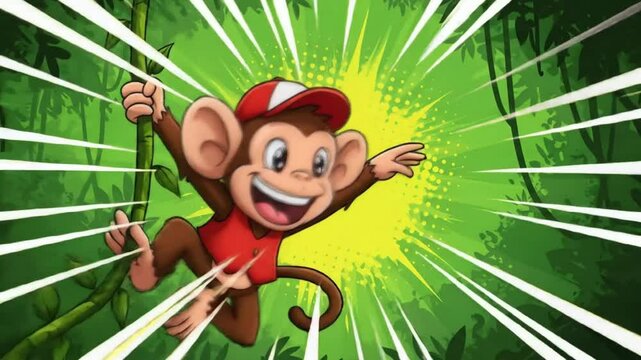 A cute cartoon monkey with a red vest and cap jumps mid-air from a green jungle vine with a big smiling face