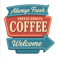 A vintage sign promoting fresh donuts and coffee, inviting customers to a cafe or diner. Modern flat vector sticker label with icon and badge style, transparent background