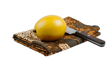 Yellow Fruit Rests on Patterned Fabric Next to Knife on Black Backdrop Still Life