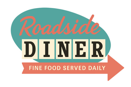 The roadside diner sign showcases a retro, classic design, perfect for a restaurant. Modern flat vector sticker label with icon and badge style, transparent background