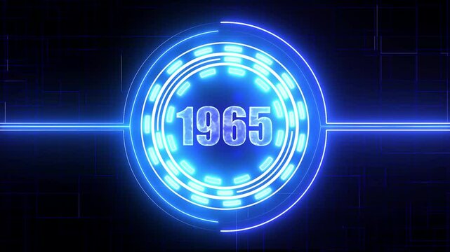 1965 text with screen effects of technological failures. Concept of counting years. Past year technology concept