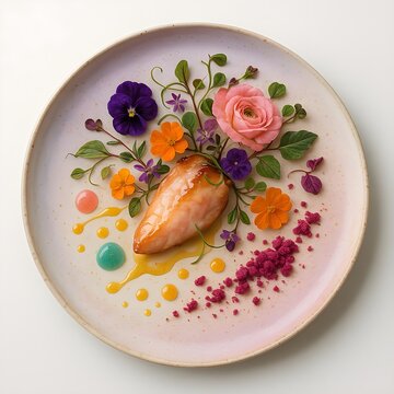 grilled chicken breast with edible flower garnish