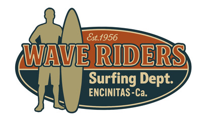 Fototapeta premium A vintage Wave Riders Surf Shop logo from Encinitas, California, featuring a surfer and surfboard. Modern flat vector sticker label with icon and badge style, transparent background