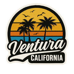 A vintage Ventura, California, design showcases a coastal sunset scene with palm trees. Modern flat vector sticker label with icon and badge style, transparent background