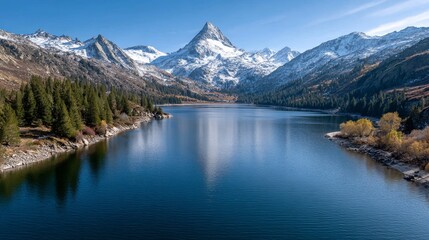 Naklejka premium Majestic sunrise over snowcapped mountains reflecting in alpine lake surrounded by lush forest and tranquil river