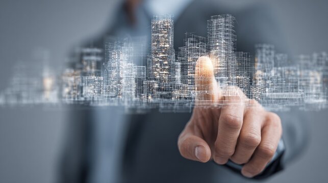  Businessman touching a digital hologram of a city skyline with buildings and skyscrapers, a real estate business concept, virtual technology for architecture design and construction management.