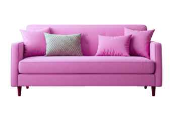 A stylish modern pink sofa with four comfortable throw pillows making it a cozy seating arrangement for any living room or lounge area