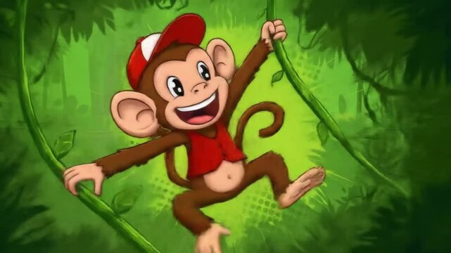 A cheeky cartoon monkey wearing bright red clothes and cap swings energetically from a green leafy jungle vine with a huge toothy grin
