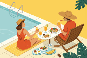 Obraz premium Vector illustration Stylish couple, poolside brunch, sunny day, mimosa, fruit platter, relaxing.