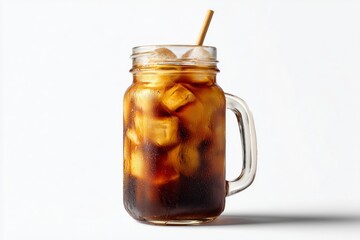 Cold brew coffee served in a glass jar filled with ice, showcasing a refreshing beverage option ideal for warm days