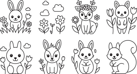 Fototapeta premium Cute bunnies deer and squirrel with flowers and clouds bunny rabbit