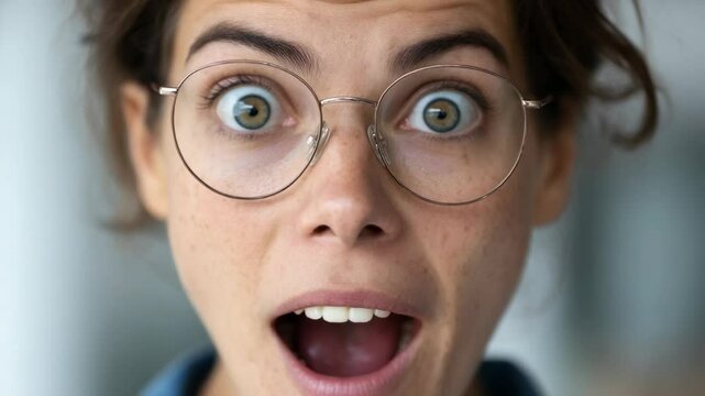 Excitement and surprise captured in a close-up of a woman with glasses expressing awe indoors