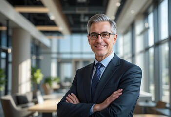 Fototapeta premium Confident businessman with arms crossed in modern office