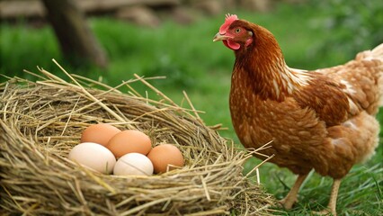 A beautiful white hen stands proudly beside a rustic straw nest filled with freshly laid brown eggs inside a cozy barn, illuminated by soft, natural light.

