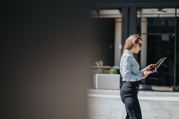 Professional woman dressed formally standing outside, using a digital tablet for work or communication. The scene reflects productivity, modern technology, and business lifestyle in an urban setting.