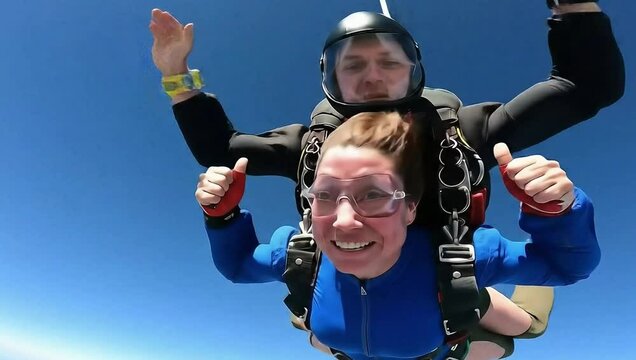 A woman smiles while tandem skydiving with an instructor in the clear blue sky