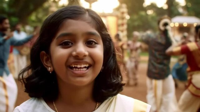 bustling onam celebration with smiling faces, rhythmic dancers, and joyful smiling indian child. concept of outdoors kerala festival, south asian tradition.