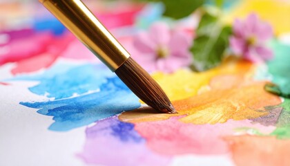 Fototapeta premium Close-up of a paintbrush applying vibrant colors on watercolor paper surrounded by flowers