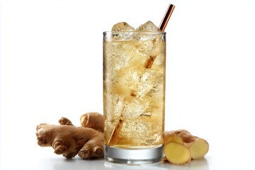 Ginger beer served in a tall glass with ice on a white background, showcasing refreshing bubbles and ginger root accents
