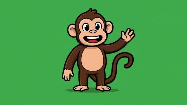 A cartoon monkey mascot with big friendly smile waves one hand in a bright and cheerful animated style