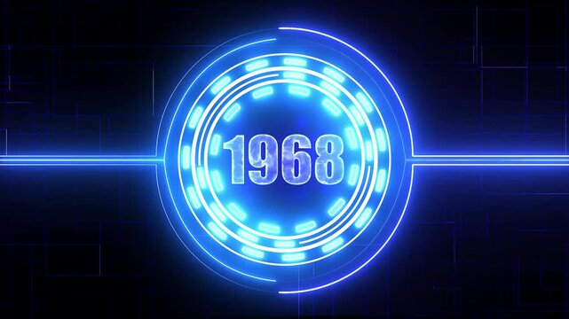 1968 text with screen effects of technological failures. Concept of counting years. Past year technology concept