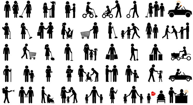 Diverse people icons represent various activities and stages of life in a simple silhouette style offering visual clarity
