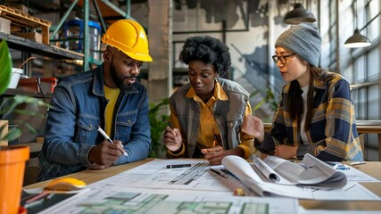 Diverse architects and engineers engaged in a creative brainstorming session around building plans