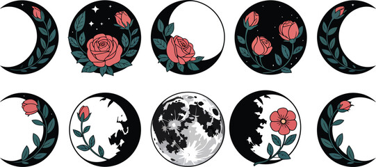 Celestial floral crescent moons and full moon illustrations phases © Laila
