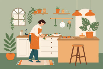 Vector illustration of a warm, inviting kitchen interior. A person chops vegetables. Kitchen, cooking, food.