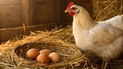 Close-up view of a happy white chicken guarding its clutch of eggs in a traditional hay-filled coop, symbolizing fresh produce and farm life.

