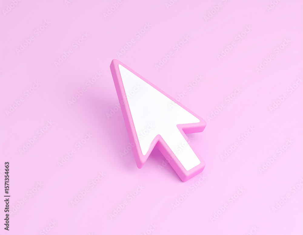 Poster 3d rendered computer cursor in pink and white color scheme floating against a solid soft pink colore