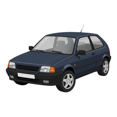 Classic dark blue three door hatchback car isolated on transparent background