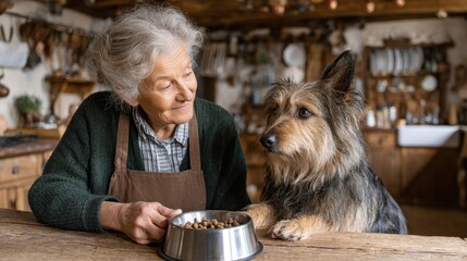 Senior woman feeding her dog with love in a kitchen pet care animal interaction cozy environment heartwarming concept