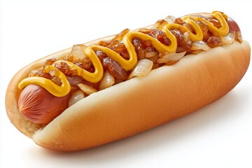 Classic hot dog topped with mustard and onions served against a clean white background for a tempting food display