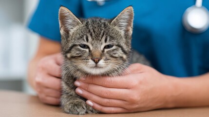 Vet nurse comforting a scared cat during checkup at animal hospital emotional support scene pet care environment compassionate viewpoint