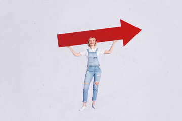 Trend artwork template design collage sketch of young woman stand smile hand hold arrow way...