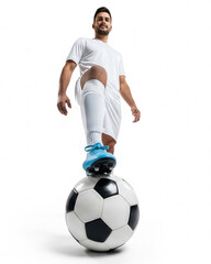 Soccer player in white with one foot on a soccer ball, viewed from an uncommon perspective , creating an impressive effect in the foreground.