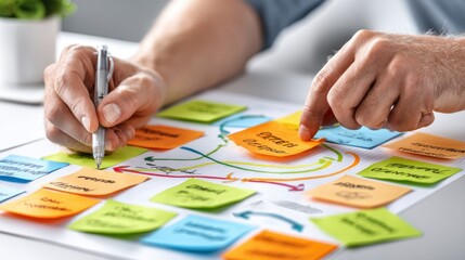A person writes on colorful sticky notes during a brainstorming session, planning ideas and strategies on a desk.