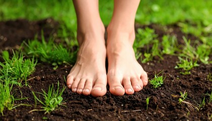 Bare feet standing on rich, dark soil surrounded by fresh green grass in a serene garden setting