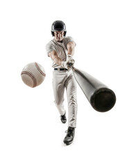 Dynamic image of a baseball player hitting a ball, both bat and ball dominate the foreground for an exaggerated stadium action scene.