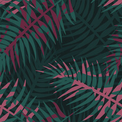 Seamless tropical pattern, vivid tropic foliage, with palm leaves. Modern bright summer print design. Black background