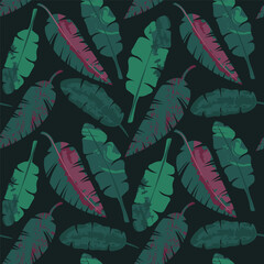 Seamless tropical pattern, vivid tropic foliage, with palm leaves. Modern bright summer print design. Black background