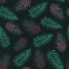 Seamless tropical pattern, vivid tropic foliage, with palm leaves. Modern bright summer print design. Black background
