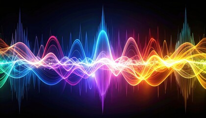 Vibrant sound waves in a spectrum of colors against a dark background, depicting energy and movement